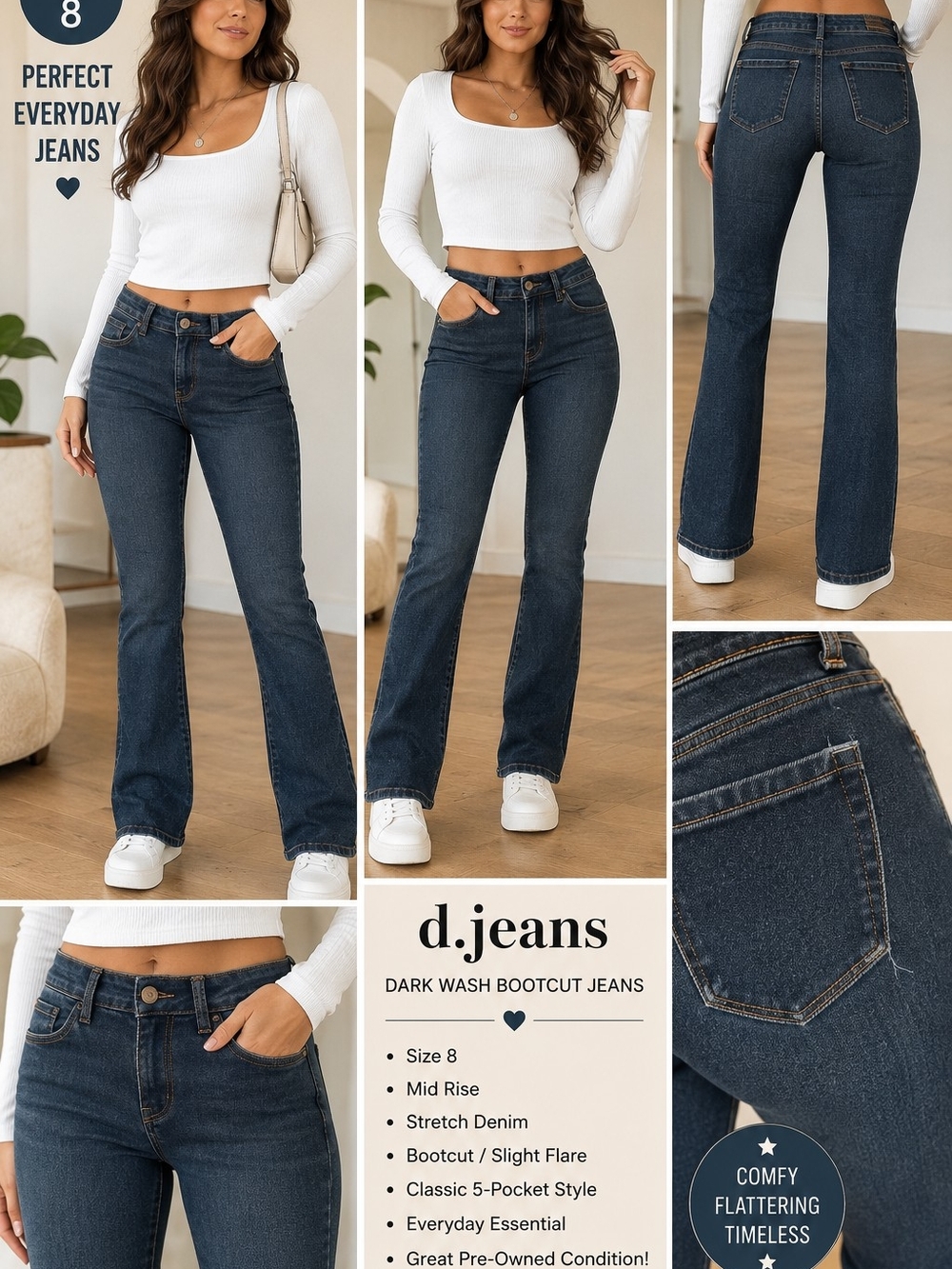 ✨d.jeans Dark Wash Bootcut Jeans Size 8 | Stretch Denim ✨️ - Picture 1 of 11